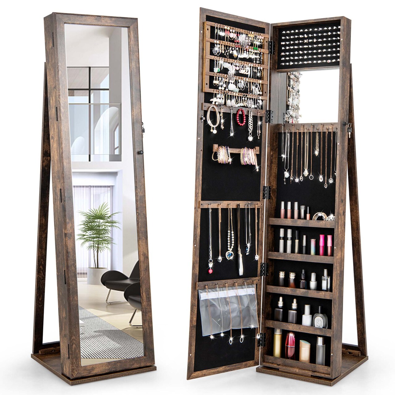 Costway Mirrored Jewelry Cabinet Armoire Lockable Standing Storage Organizer with Shelf Black/White/Coffee/Dark Brown